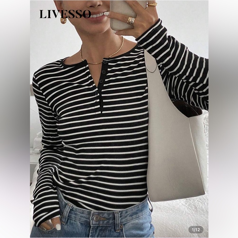 Striped Black and White Women's Top w/ Buttons